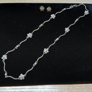 Silver Plated Faux Stone Vintage Necklace with Stud Earrings Costume Jewelry #95
